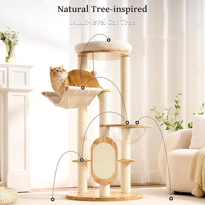 Modern Solid Wood Cat Tree Small Tower with Scratching Post for Indoor, Multifunctional Cat Tree Tower with Bed, Space Capsule, Hammock, Scratching Board, Dangling Ball