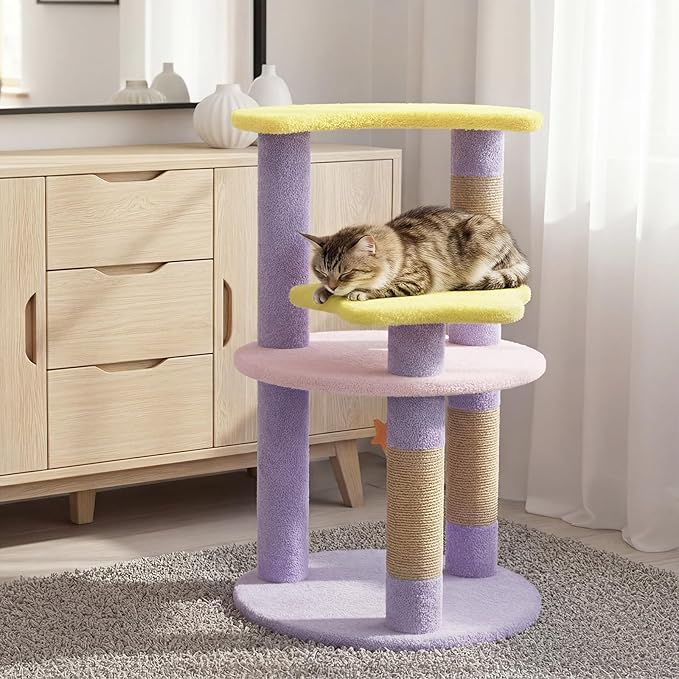 Tangkula Cute Cat Tree, 29 Inch Multi-Level Cat Tower with Jute Scratching Posts, Star & Moon Shaped Platforms, Perch Dangling Toy, Cat Climbing Furniture for Indoor Cats (Purple)