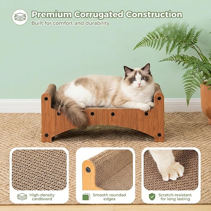 Avont Cat Scratcher Lounge, 3-in-1 Reversible Cardboard Scratching Bed, Horizontal Lounger for Indoor Cats Kittens - Light Brown