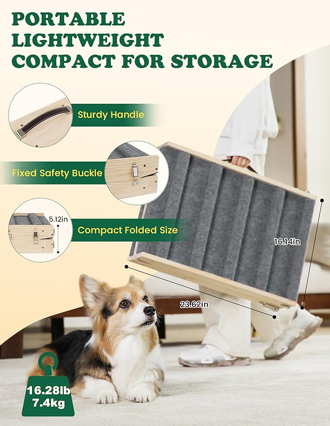 Dog Ramp Dog Stairs for Large Dogs Foldable Dog Ramp with 5 Adjustable Heights from 13.98'' to 27.56" Wood Pet Ramp with Non Slip Carpet Portable Puppy Ramp for Couch, Sofa, Bed, Car