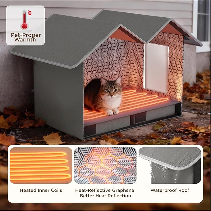 Bedsure Heated Outdoor Cat House-Extra Wide Weatherproof and Warming Feral Cat Shelter with Raised Base in Winter, Waterproof Insulated Outside Pet Hideout for Stray Kitty, 22.5x12.5x13.25inches, Grey