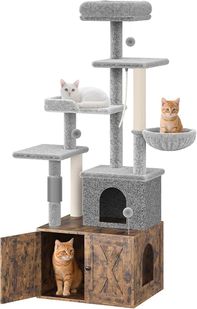 GAOMON Multi-Functional Cat Tree with Hidden Litter Box Enclosure – Spacious Hammock, Cozy Top Perch, Multi-Level Condo, Sisal Scratching Posts, Sturdy Indoor Cat Furniture, Brown