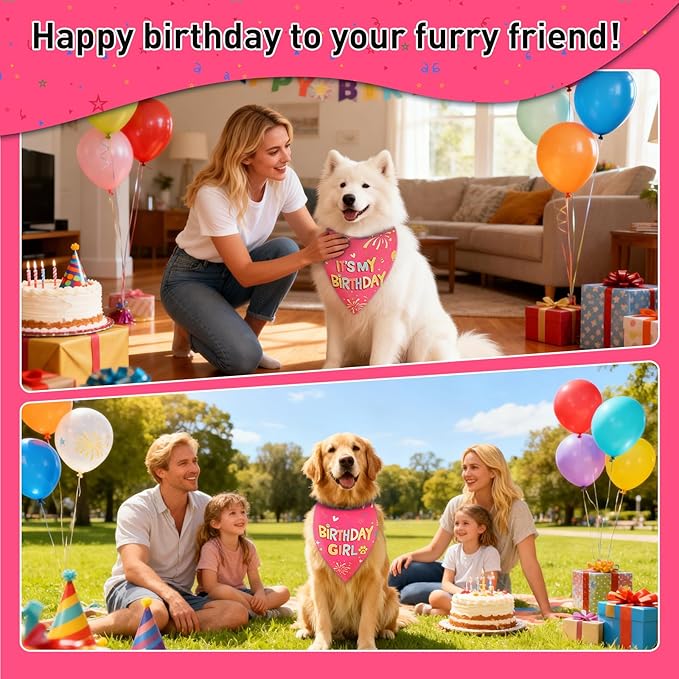 SZEE Dog Birthday Bandana, Reversible Bandanas for Dog Birthday Outfits, Pet Apparel & Accessories, Triangle Pet Scarf for Photo Prop and Holiday Decor (X-Large, Pink)