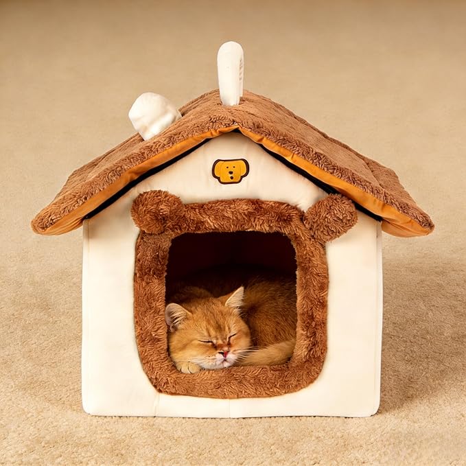 Lovely Cat Bed for Indoor Cats, Cartoon Pattern Cat Cave Bed with Handle Design, Soft Cat Hideaway Indoor Cat House for Kitten, Puppy & Small Pets (L)
