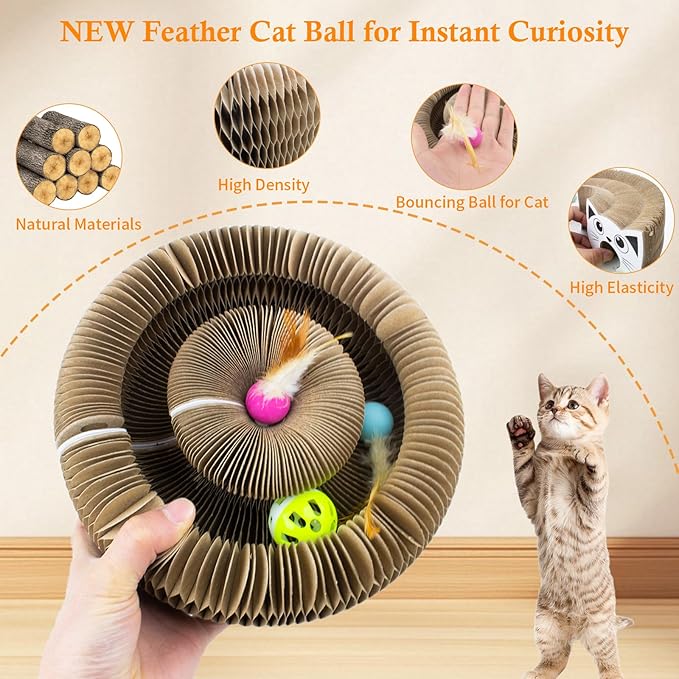 Upgraded-Magnetic Magic Organ Cardboard Cat Scratcher Board Toy, New Feather Balls Cardboard Scratching Pad for Mental Physical Exercise, Interactive Toys for Indoor Cats, Kitty