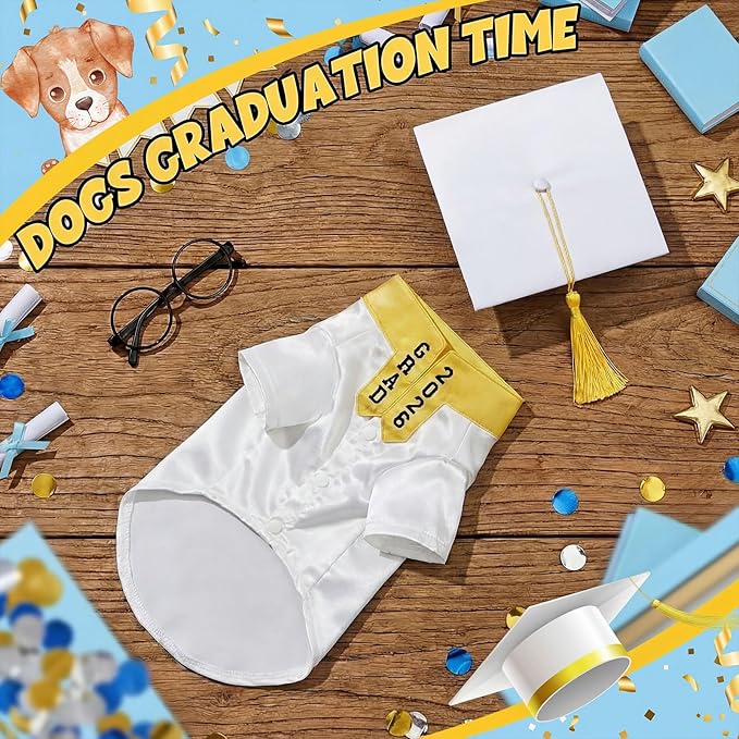 5 Pcs Dog Graduation Costume Set Include 2026 Pet Graduation Gown with Stole Puppy Grad Cap Lensless Glasses DIY Letter Stickers for Dogs Cats Holiday Costume Accessory(White Gold,XL)