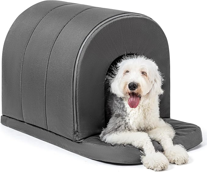 Orthopedic Dog House 2.0 - Outdoor Waterproof Dog Shelter w/Porch - Scratch Proof Indoor Pet House w/Egg-Crate Foam - Ideal for Extra Large Breeds & Fits 42-Inch Crate - 41"x27", Charcoal