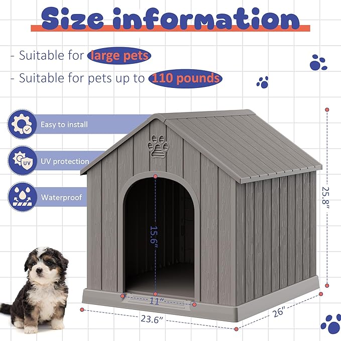 Bifanuo Dog House Outdoor Indoor, Plastic Small Dog House-Weatherproof Design with Air Vents & Elevated Floor for Small to Medium Dogs, Easy Clean and Assemble (Grey)
