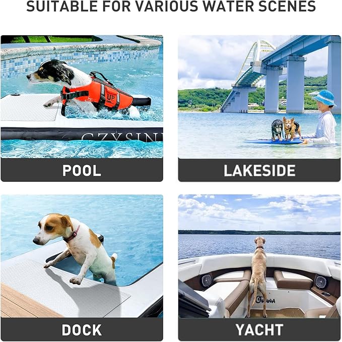 Inflatable Large Dog Water Ramp Float Floating Ramp-Swimming Pets Up to 200 Pounds Large Dogs-Inflatable Stairs for Boats, Docks, with Pump/Rope/Repair Kit - PVC Anti-Slip Fabric (Black)