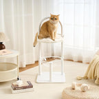 Modern Cat Tree, Wood Cat Tower with Steel Frame, Scratching Posts, Cat Capsule, Plush Mat, Bell Dangling Toy, Aesthetic Minimalist Heavy-Duty Cat Climbing Tree for Large Indoor Adult Cats-White