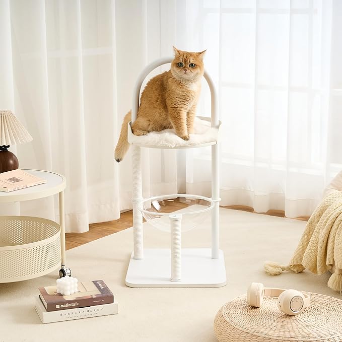 Modern Cat Tree, Wood Cat Tower with Steel Frame, Scratching Posts, Cat Capsule, Plush Mat, Bell Dangling Toy, Aesthetic Minimalist Heavy-Duty Cat Climbing Tree for Large Indoor Adult Cats-White