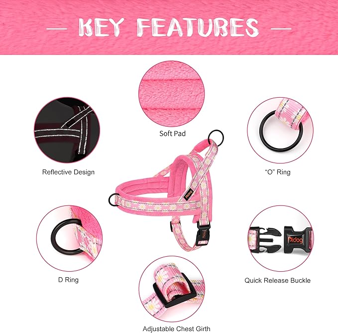 Didog No Pull Dog Harness with Soft Padded, Easy Walk Dog Harness with Quick Release Buckle, Adjustable & Reflective Pet Harness with Soft Padded for Small Medium Dogs (S:Chest 19-22", Pink)