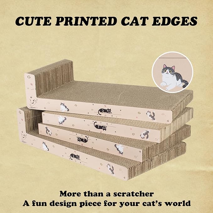 Cat Scratcher with Box, 4 High-Density Corrugated Boards (2 Flat & 2 L-Shaped Scratching Pads), Corrugated Cardboard Scratch Pad, 1.4in Thick L Scratchers for Kittens with Catnip
