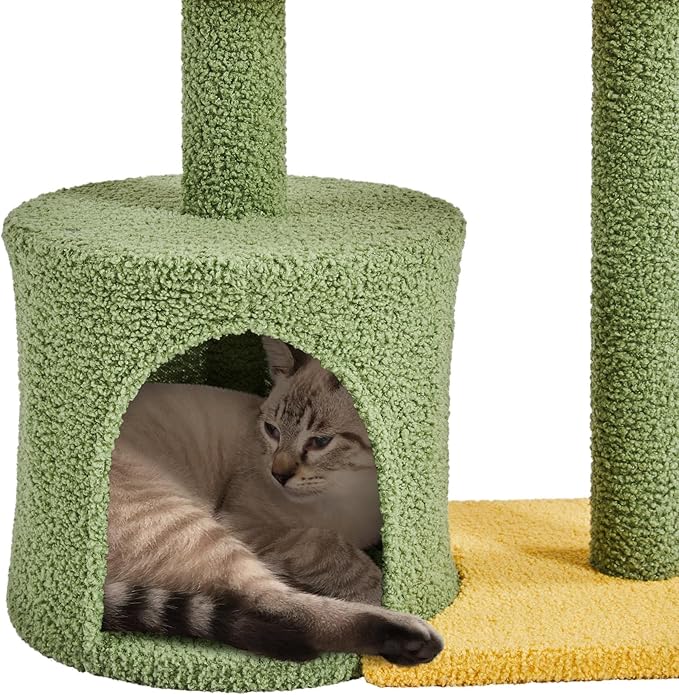 Topeakmart Cute Cat Tree for Indoor Cats, Coconut Palm Cat Tower with Green Leaves, Large Cat Condo Plush Cat House with Sisal Covered Scratching Post Activity Center Cat Furniture for Kitten