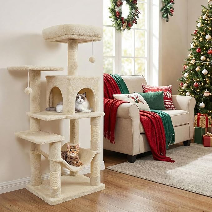 Tangkula Cat Tree Tower, 44 Inch Multi-Level Cat Tower with Sisal Scratching Posts, 2-Door Condo, Padded Top Perch & Hammock, 2 Hanging Balls, Jumping Platforms for Indoor Cats (Beige)