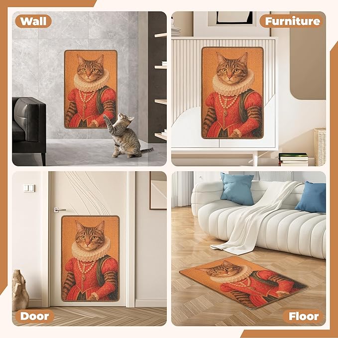 Sisal Cat Scratcher Mat, Cat Wall Scratcher for Indoor Cats, 23.6x15.7 Inch Cat Scratch Pad with Hook & Loop, Wall Mounted Cat Scratching Post to Protect Couch and Carpet（Grace Cat）