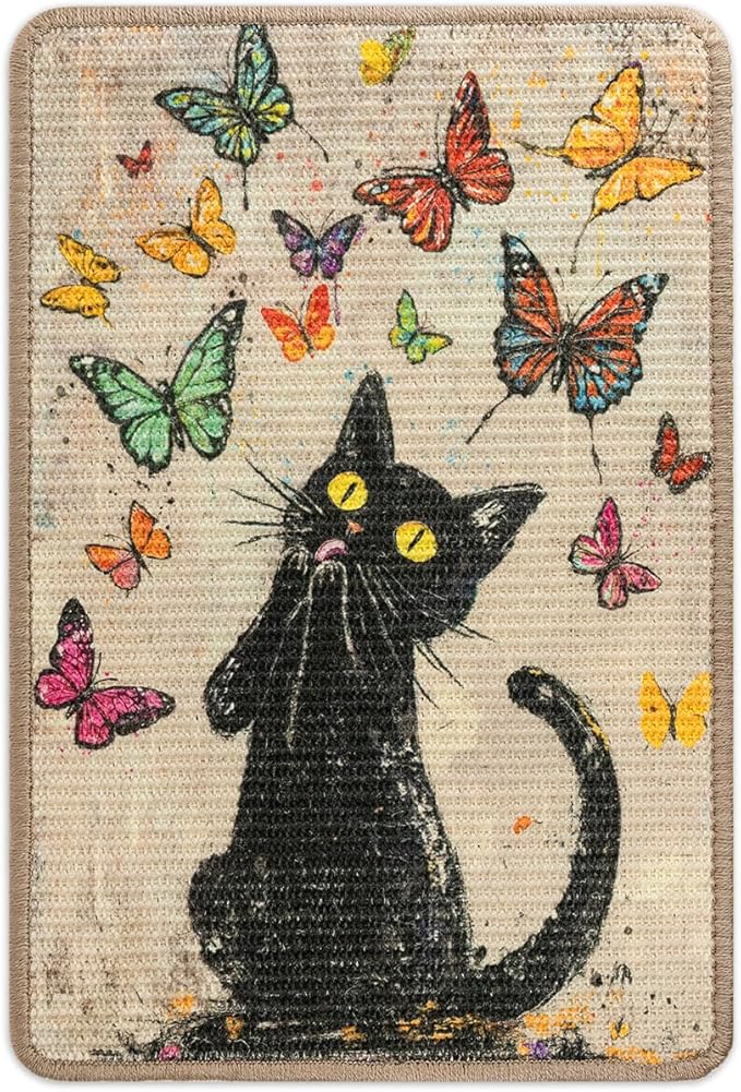 Sisal Cat Scratcher Mat Cat Wall Scratcher for Indoor Scratch Pad Wall Mounted Scratching Post to Protect Couch Carpet Furniture 23.6"x15.7" (Colorful Butterflies Cat)