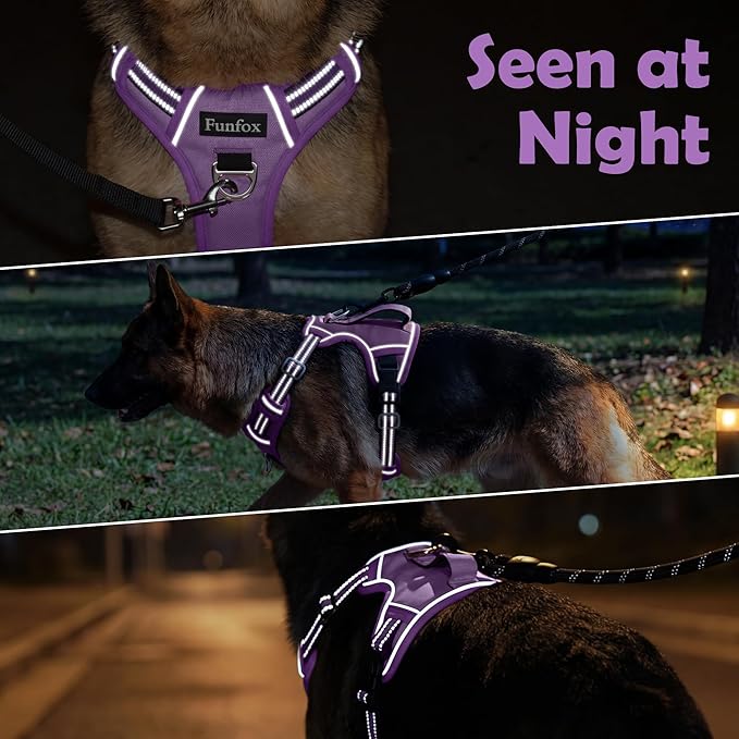 Funfox Dog Harness No Pull, Adjustable Pet Vest Harness, Super Soft Material with Vertical Handle Easy Control, Reflective Night Walking, 2 Leash Clips for Small Sized Dogs, Purple, S