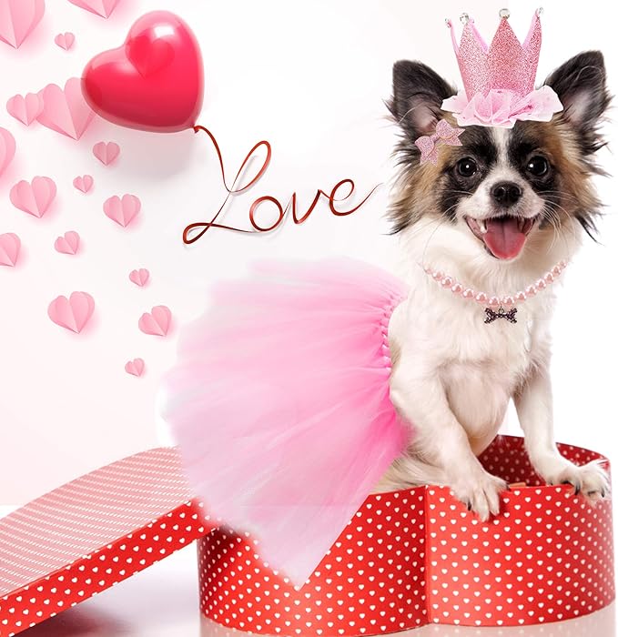 Dog Birthday Outfit Pink Tutu Dogs Birthday Party Supplies Dog Birthday Hat Necklace and Bowtie Hairpin for Dogs (16-23 inch Wrist)