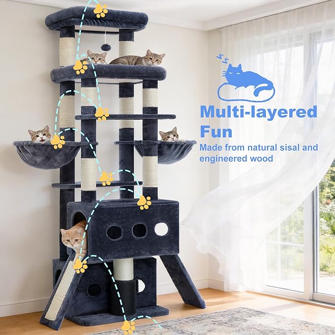 Hey-brother Cat Tree Tower, 71.5 Inches Scratching Posts with Extra Large Platform, 2 Cozy Condos, 2 Hammocks and Scratch Boards, Multi-Level House for Multiple Indoor Cats, Smoky Gray MPJ085G