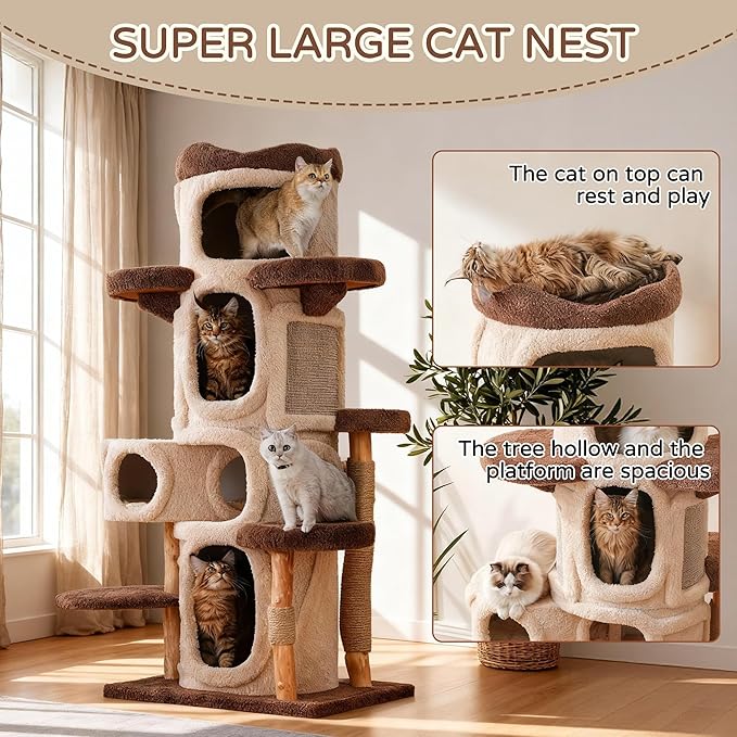 RPZ Cat Tree Tower for Large Cats, 69” Tall Heavy Duty Modern Cat Tower with Natural Wood Trunks, Multi-Level Cat Condo & Scratching Tower, Brown Cat Tree for Indoor Cats to Play and Sleep