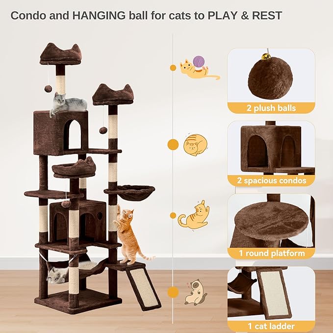 DWVO 75 in Multi-Level Cat Tower: Tall Cats Tree for Indoor Kittens, Pet Furniture with Kitty Condos, Top Perches, Sisal Ramp Scratching Posts, Cozy Basket, Hammocks, Brown
