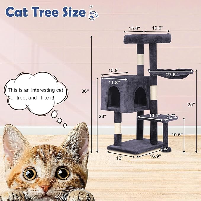 BLKMTY 36" Cat Tree Tall Cat Tower for Indoor Cats Condo Climber with Scratching Post, Climbing Stand, Plush Top Perch and Mouse Toy Cats Playhouse Kitty Activity Trees with Hammock, Dark Gray