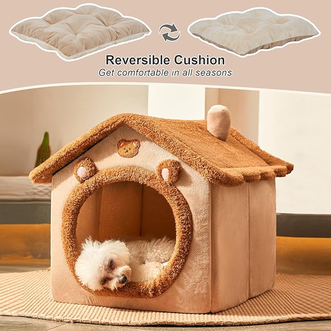 JIUPETY Dog House Dog Bed with Cover Cave with Non-Slip Bottom, M Size Tent Bed for 6-11 Lb Dogs and 9-17 Lb Cats, Brown