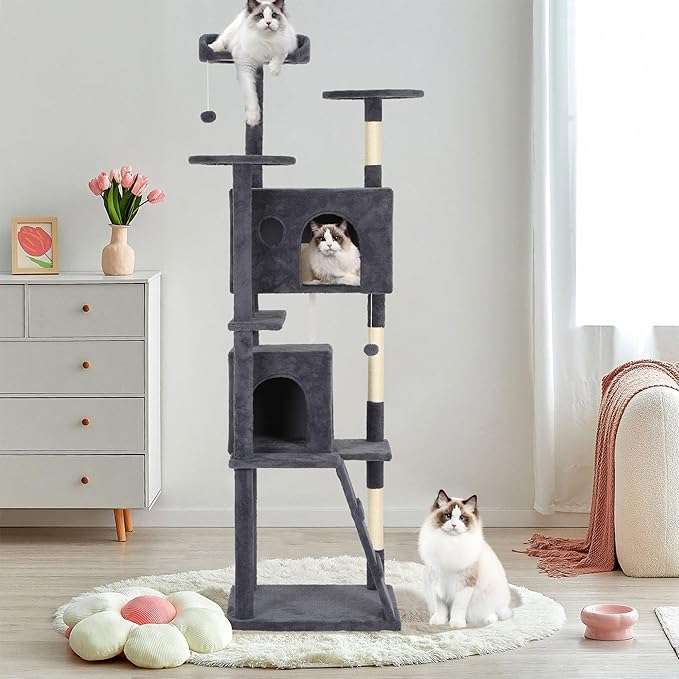 81" Multi-Level Cat Tree Tower with Scratching Posts - Space-Saving Design for Indoor Kittens Toys & Condo, Compact Floor Footprint & Vertical Space for Multi-Cat Homes-Dark Grey