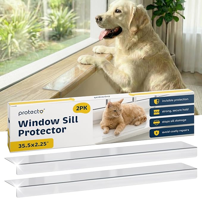 PROTECTO 2-Pack Window Sill Protector from Dogs 35.5 x 2.25 Clear Window Guards from Cats Scratching, Chewing & Clawing | Keep Your Sills Smooth & Paws Safe | Ultra Strong Window Sill Cover Protection