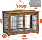 Lulive Dog Crate Furniture, XL Wooden Dog Kennel Indoor Double Doors Dog Cage, 44'' Heavy Duty Dog Crate with Cushion & Wheels, Decorative End Table Pet House Chew-Resistant for Large Dogs, Brown