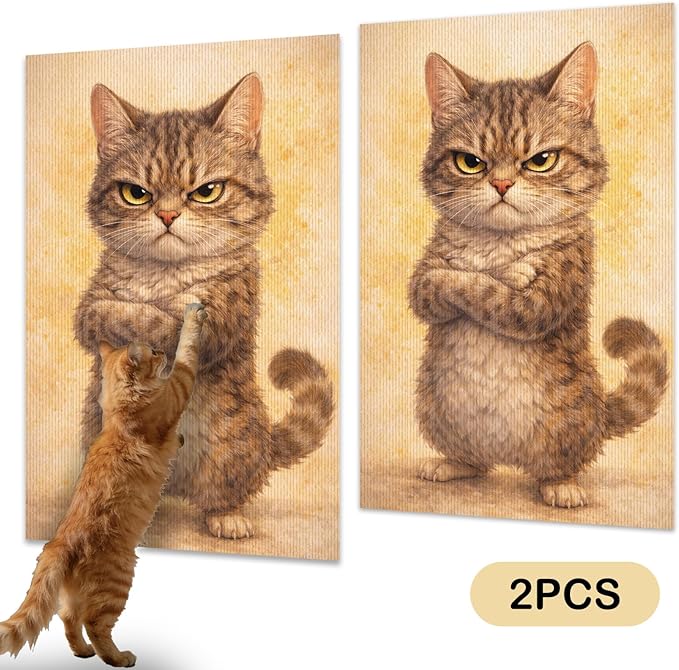 Nuxovilar Cat Scratch Pad 15.3x23.6 Inches Polyester Synthetic Fiber, Grumpy Tabby Cat Print, wall Scratcher, Scratching mat, Home Decor, Living Room, Game Room (2pcs)
