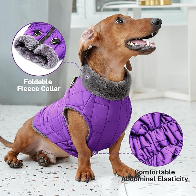 Warm Fleece Dog Coats with Durable Harness Buitl in D-Ring,Waterproof Doggie Jacket for Medium Dogs,Dog Vest for Cold Winter,Purple XL