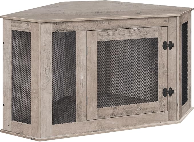 Corner Dog Crate Furniture, Wooden Dog Kennel End Table, Decorative Pet Crate Indoor Use, Furniture Style Dog House for Small Medium Dog, Dog Cage TV Stand, Greige and Black DCHG0801
