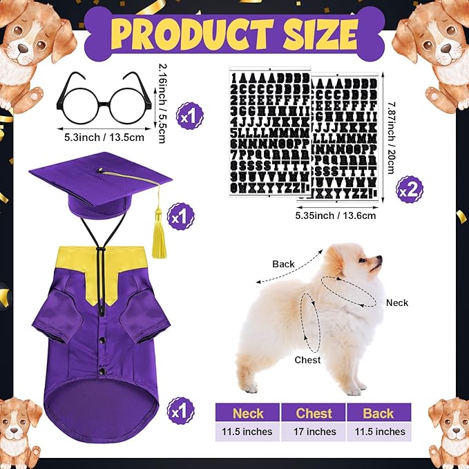 5 Pcs Dog Graduation Costume Set Include 2026 Pet Graduation Gown with Stole Puppy Grad Cap Lensless Glasses DIY Letter Stickers for Dogs Cats Holiday Costume Accessory(Purple Yellow,S)
