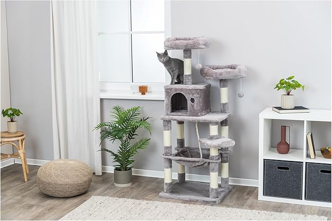 Trixie Eduardo Cat Tree – Cat Tower with Jute & Plush Posts, Condo, Hammock & Toys – Durable Cat Furniture for Indoor Cats – Gray, 21.7" x 17.7" x 57.1"