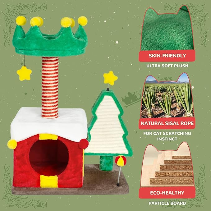 KAMABOKO Christmas Cat Tree Cat Tower with Cat Condos, 33.5" Multi-Level Top Perches, Sisal Ramp Scratching Posts, Cozy Basket, Hammocks, Large Cats Pet Activity Structure