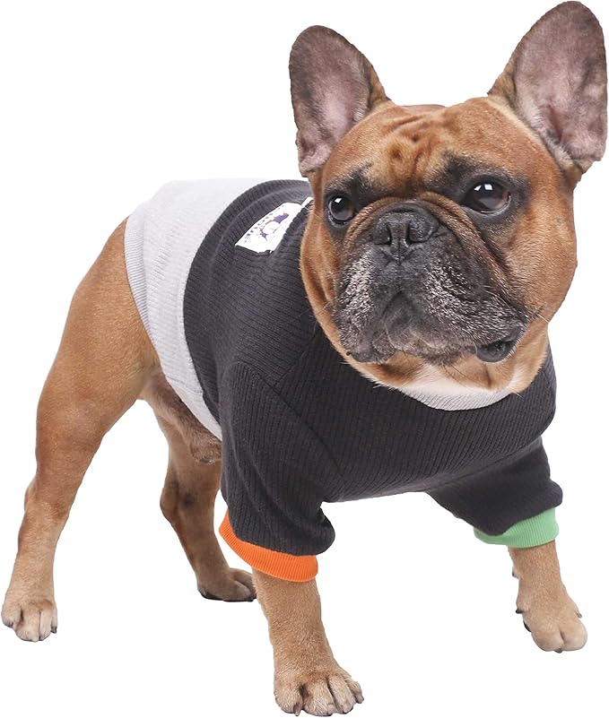 iChoue Pet Dog Crewneck Sweater Color Block Pullover Winter Warm Clothes for French Bulldog Pug Boston Terrier - Black and Grey/Large