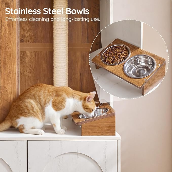 HOOBRO Cat Tree with Litter Box Enclosure, 58.7"H Hidden Cat Litter Enclosure Furniture, All-in-One Modern Cat Tree with Food Bowl, Sisal Scratching Post, and Dangling Ball, White and Walnut WH82MZ03