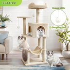Pawly 46.5" Compact Space Saving Cat Tree for Small Apartment, Premium CARB P2-Compliant Particle Board, 350G Plush Sisal Cat Tower with Condo & Hammock for Indoor Kittens & 1-2 Cats, Beige