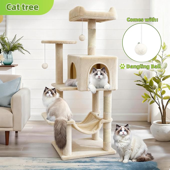 Pawly 46.5" Compact Space Saving Cat Tree for Small Apartment, Premium CARB P2-Compliant Particle Board, 350G Plush Sisal Cat Tower with Condo & Hammock for Indoor Kittens & 1-2 Cats, Beige