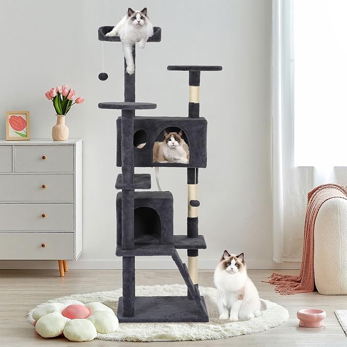 62" Multi-Level Cat Tree Tower with Scratching Posts, Toys & Condo,Compact Floor Footprint & Vertical Space for Multi-Cat HomesSpace-Saving Design for Indoor Kittens-Dark Grey