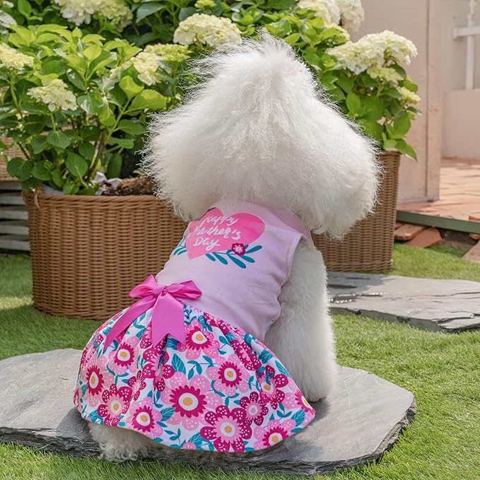 CuteBone Happy Mother's Day Dog Dress Velvet for Small Dogs Girl Floral Skirt Pink Puppy Dresses Dog Clothes CVA22XS-D