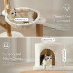 Moewrista Modern Cat Tree with Hammock 48.5 Inches Cat Tower with Scratching Post,Featuring Real Wood Post,Large Rattan Basket, Spacious Flower Perch and Condo for Indoor Cat Large Adults-Beige