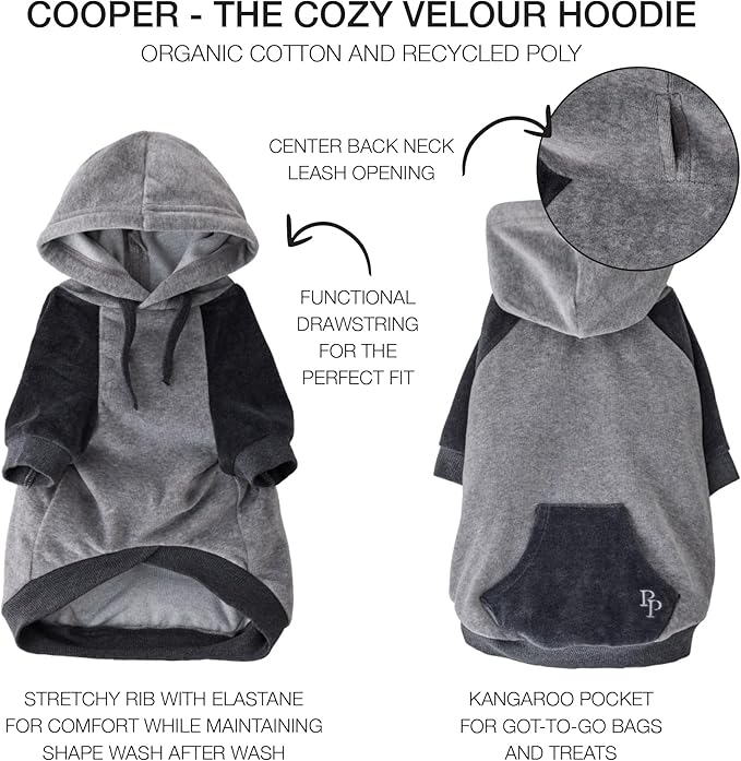 Cooper II Organic Cotton Velour Dog Hoodie Pet Coat for Small, Medium and Large Dogs, Heather Gray Color Block, Small (10-25 lbs)