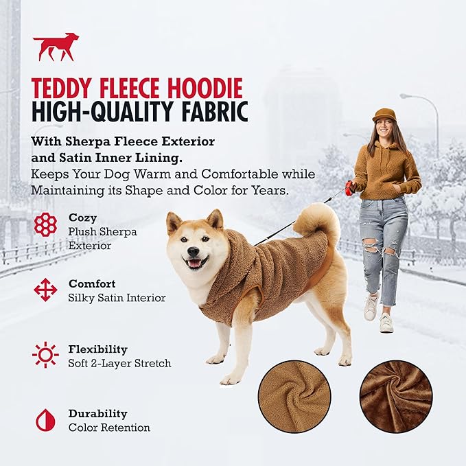 Tuff Pupper Fleece Dog Hoodie Sweater | Teddy Sherpa Outer & Soft Polar Fleece Lining | Adjustable Fit Winter Coat with Hood, Leash Hole, Ribbed Cuffs | For Small Medium Large XL XXL Dogs (Brown, XXL)