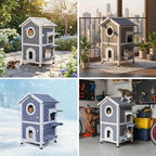 GEGURI Outdoor Cat House Winter-Proof, Two-Story Insulated Cat Shelter for Feral Cats with Thermal Layer, Removable Roof, Balcony & Escape Door, Weatherproof & Warm Shelter for Cats