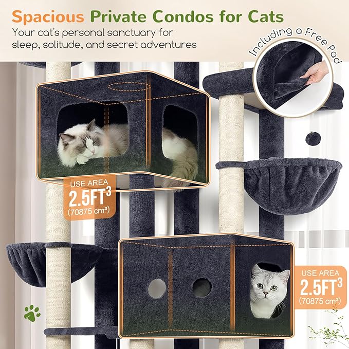 Globlazer 81in Multi-Level Larger Cat Tree Tower Condo Indoor Furniture Activity Center with Oversized Plush Cat Bed/Baskets/Full-Sisal Scratching Posts and Hammock/S81/Dark Gray