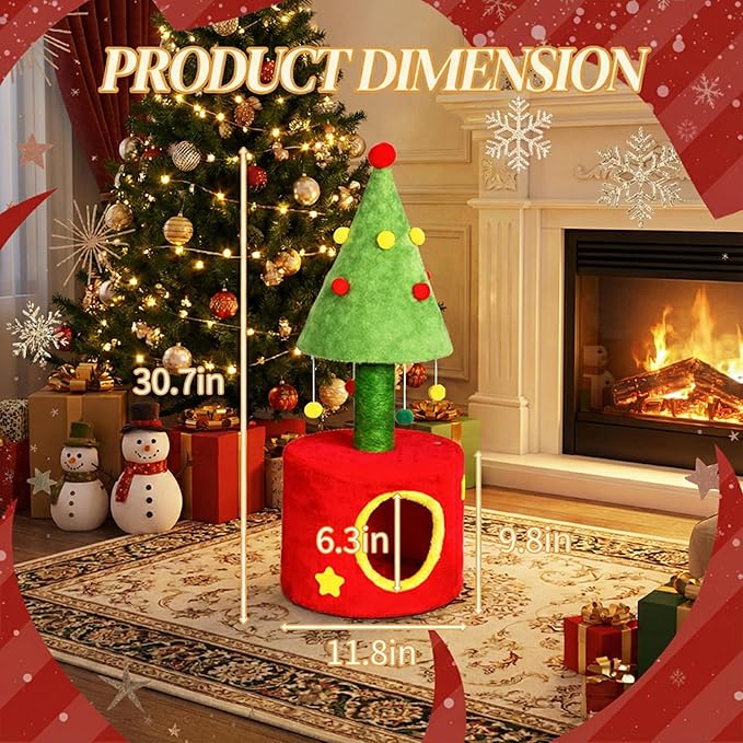Christmas Themed 30in Cat Scratching Post with Cozy Hideaway Cat House - Small Cat Tree Tower for Indoor Kitten/Cat, Sisal Post, Interactive Hanging Balls, Festive Red & Green Home Decor