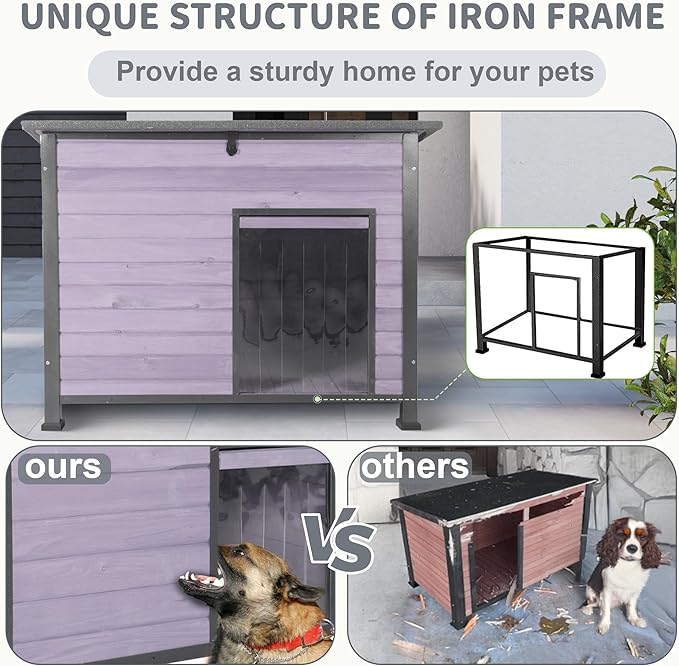 Insulated Dog House Outdoor Weatherproof, Wooden Heated Large Houses with Removable Liner for Winter, Upgrade Anti-Chewing Iron Frame Dog Shelter for Puppies, Cats